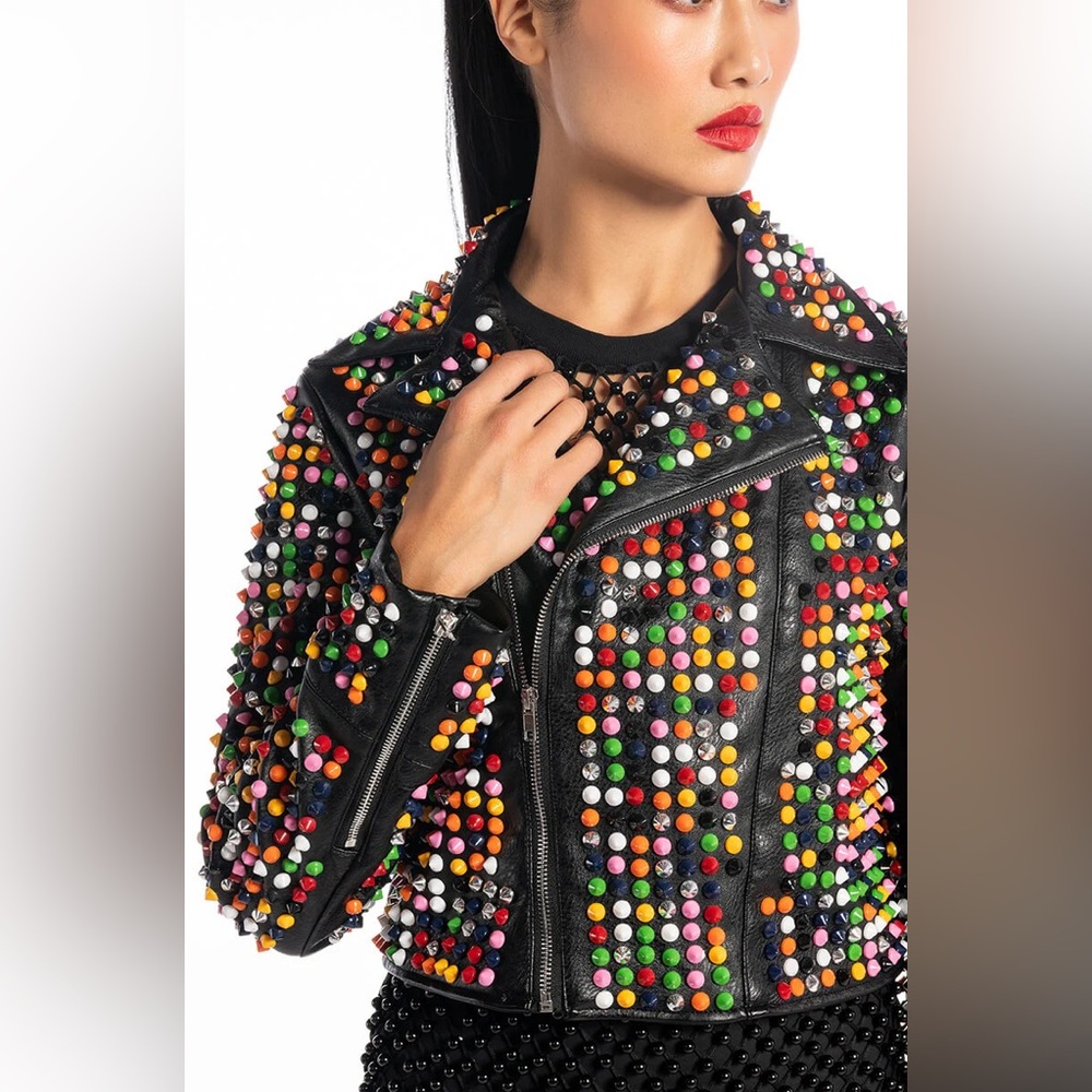 ✨LIKE NEW✨Azalea Wang Rainbow Studded Black Leather Jacket